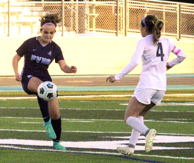 Pleasant Valley midfielder Mylee Yuill, handles the ball Feb. 27, 2024 in a NorCal regional game against Rio Americano. Yuill was named the Eastern Athletic League MVP when the Northern Section released its all league teams on Thursday. (Rick Silva/Daily News)