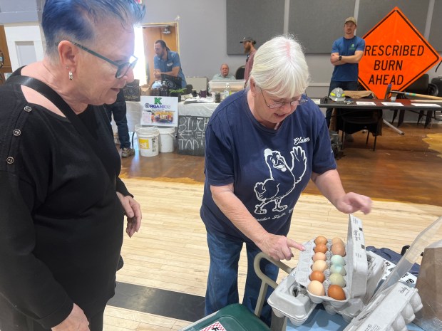 Liz Barbar-Gabriel buys eggs from Elaine Burkart at the Arbor Day Festival in Oroville, California on Saturday March 16, 2024. (Molly Myers/Enterprise-Record)