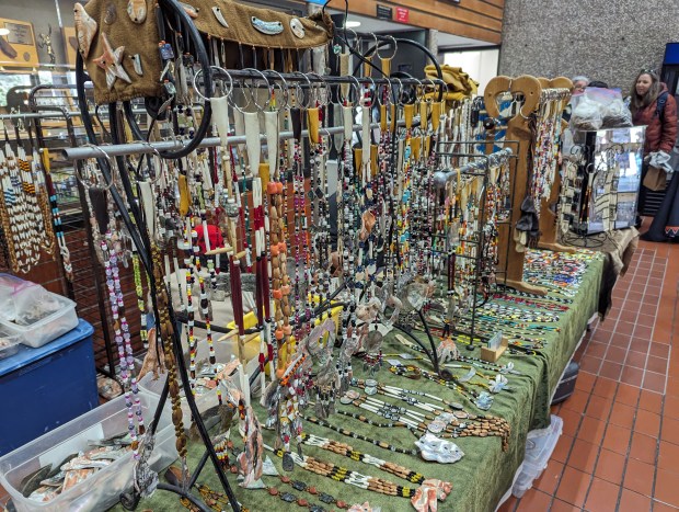 Necklaces are displayed at Big Time at Butte College campus Thursday, March 28, 2024 in Butte Valley, California. (Jake Hutchison/Enterprise-Record)