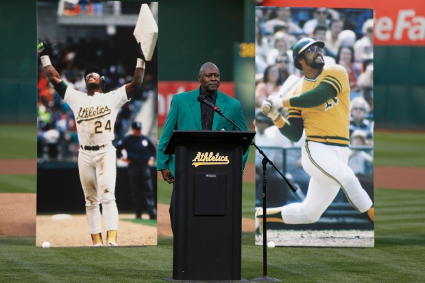 Former Oakland Athletics' Dave Stewart talks as he is inducted as a member of the inaugural class of the Athletics Hall of Fame before the A's game against the New York Yankees at the Coliseum in Oakland, Calif., on Wednesday, Sept. 5, 2018. (Nhat V. Meyer/Bay Area News Group)