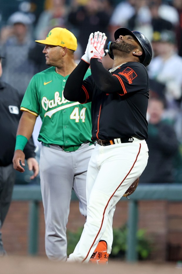 San Francisco Giants Pablo Sandoval celebrates his single against the Oakland Athletics in the ninth inning of Game 2 of the Bay Bridge series at Oracle Park in San Francisco, Calif., on Tuesday, March 26, 2023. This could be Sandoval's last game in Giants uniform after returning to play adjuring the spring training and Cactus League. (Ray Chavez/Bay Area News Group)