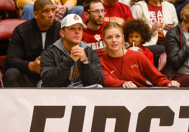 San Francisco 49ers quarterback Brock Purdy watches the Iowa State Cyclones game against the Stanford Cardinal with his wife Jenna in the first quarter during the second round of the NCAA Women's Basketball Tournament at Maples Pavilion in Stanford, Calif., on Sunday, March 24, 2024. (Nhat V. Meyer/Bay Area News Group)