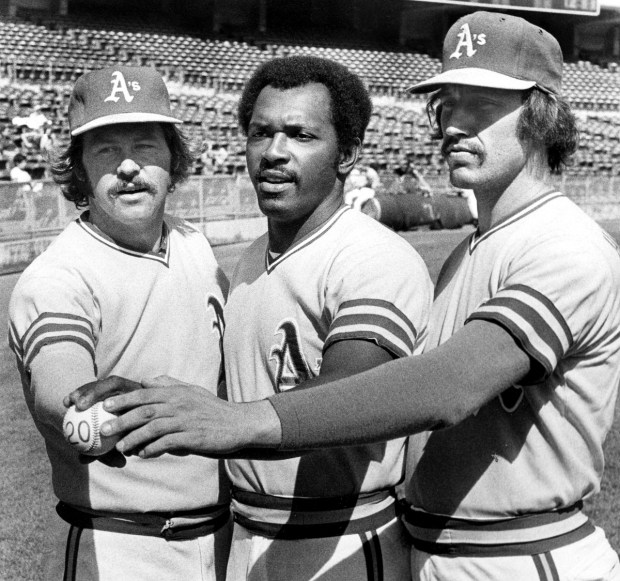 Oakland Athletic's three 20-game winners, Jim "Catfish" Hunter, Vida Blue and Ken Holtzman. (Photo by Ron Riesterer/Oakland Tribune)