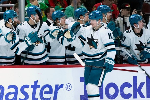 San Jose Sharks center Klim Kostin (10) celebrates with teammates after scoring during the first period of an NHL hockey game against the Chicago Blackhawks in Chicago, Sunday, March 17, 2024. (AP Photo/Nam Y. Huh)
