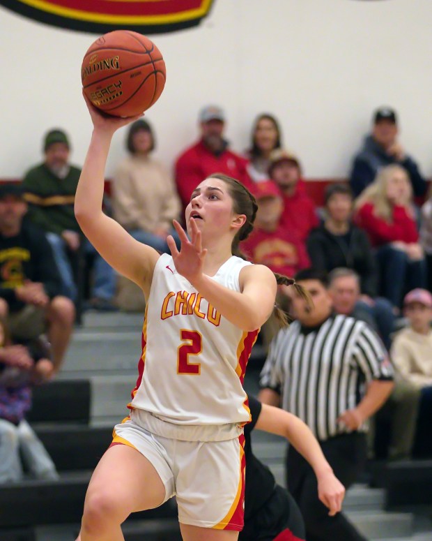 Chico senior Taylee Clements goes up for a layup in the Northern Section Division III semifinals on Tuesday, Feb. 20, 2024 in Chico, California. (Eddie Saltzman/Contributed)