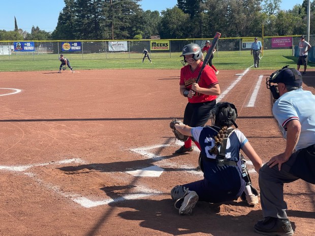 Pleasant Valley catcher Ava Dunn catches strike three against Chico High's Emily Babler in the top of the second inning of the Northern Section Division III semifinals Tuesday, May 17, 2022 at Pleasant Valley High School in Chico, California. (Justin Couchot/Enterprise-Record)