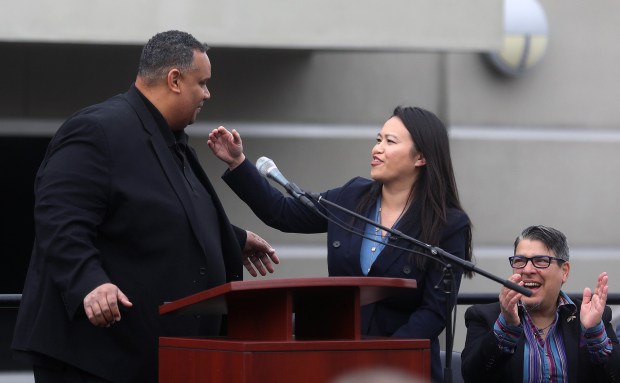 OAKLAND, CALIFORNIA - FEBRUARY 2: Founder of the African American Sports and Entertainment Group, Ray Bobbitt, left, greets Mayor Sheng Thao during a press conference at the Oakland-Alameda County Arena and Coliseum Complex on Thursday, Feb. 2, 2023, in Oakland, Calif. The African American Sports and Entertainment Group is negotiating with Oakland for the city's 50% interest in the Coliseum complex. (Aric Crabb/Bay Area News Group)