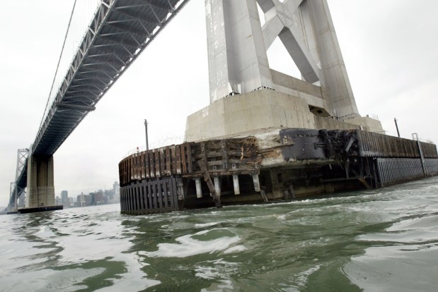A Bay Bridge tower that was damaged after it was hit by the cargo ship Cosco Busan. (Ray Chavez/Bay Area News Group)