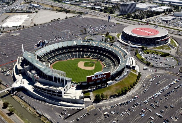 FILE - The Oakland Coliseum and the Oakland Arena, seen in this aerial view in 2007, in Oakland, Calif. (Jane Tyska/Bay Area News Group Archives)