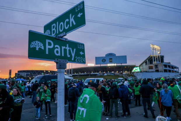Oakland Athletics fans tailgate during the boycott opening day block party in the parking lot during their MLB opening day game against the Cleveland Guardians at the Coliseum in Oakland, Calif., on Thursday, March 28, 2024. (Ray Chavez/Bay Area News Group)