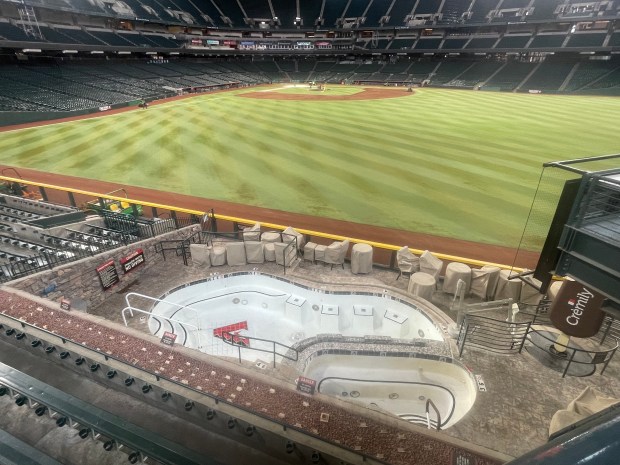 The pool and field is shown at Chase Field, the home of the Arizona Diamondbacks, on a tour on Thursday, March 14, 2024 in Phoenix, Arizona. (Justin Couchot/Enterprise-Record)