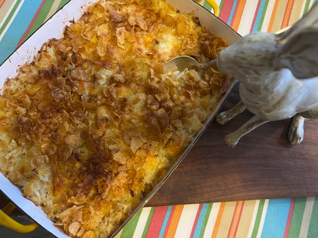 Funeral potatoes guarded by rabbit. (Nancy Lindahl/Contributed)