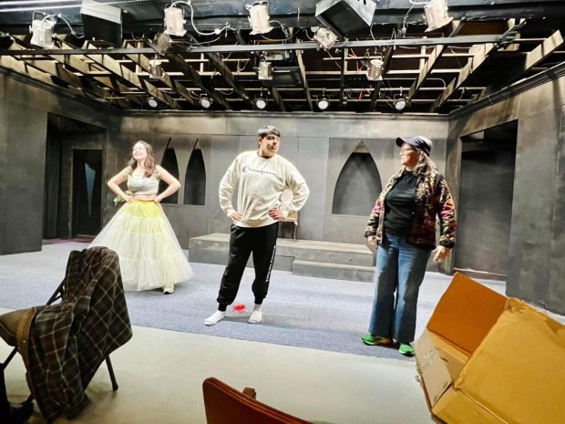 Claire Dent, left, Nicholas Gomersall and Margaret Ricketts rehearse a scene for "Game of Tiaras" at Theatre on the Ridge in Paradise, California, on Thursday, March 28, 2024. (Melodie Ellison/Theatre on the Ridge)