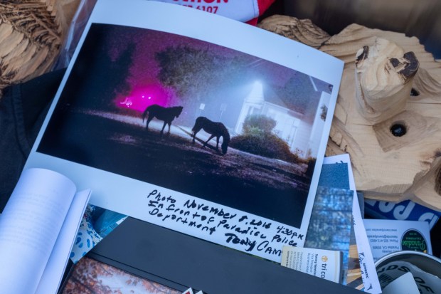 A photograph of horses out on the street in the afternoon during the Camp Fire is placed inside a time capsule Wednesday, Nov. 8, 2023 in Paradise, Calfiornia. .(Michael Weber/Enterprise-Record)