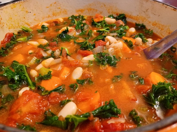 My dad made ribollita all the time when I was a kid, though his version didn't include Bon Appetit's top layer of croutons. This is what mine usually looks like. (Amy Drew Thompson/Orlando Sentinel)