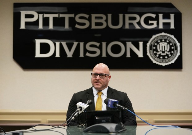 Assistant special agent in charge Chris Giordano speaks about cyber predators and child sextortion case concerns during a news conference at the FBI facility on the South Side on March 22, 2024, in Pittsburgh. Giordano urged parents to keep an eye on their children's activities on social media and online gaming. (Sebastian Foltz/Pittsburgh Post-Gazette/TNS)