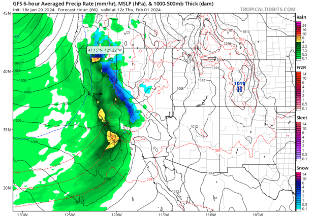A significant storm is expected to hit Northern California from Tuesday night Jan. 30, 2024 to Friday Feb. 2, 2024. The computer model shows its track for Thursday morning Feb. 1, 2024. (Image: Tropical Tidbits)